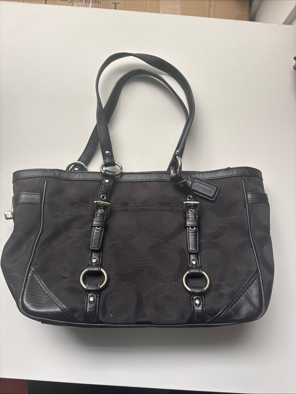 Coach Black Signature Monogram Tote with Leather Trim